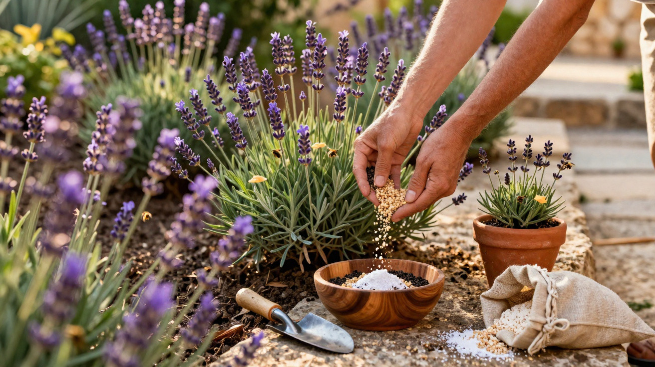 Pessoa a adubar plantas de lavanda com fertilizante, junto de um saco de sementes e uma pequena pá de jardinagem.