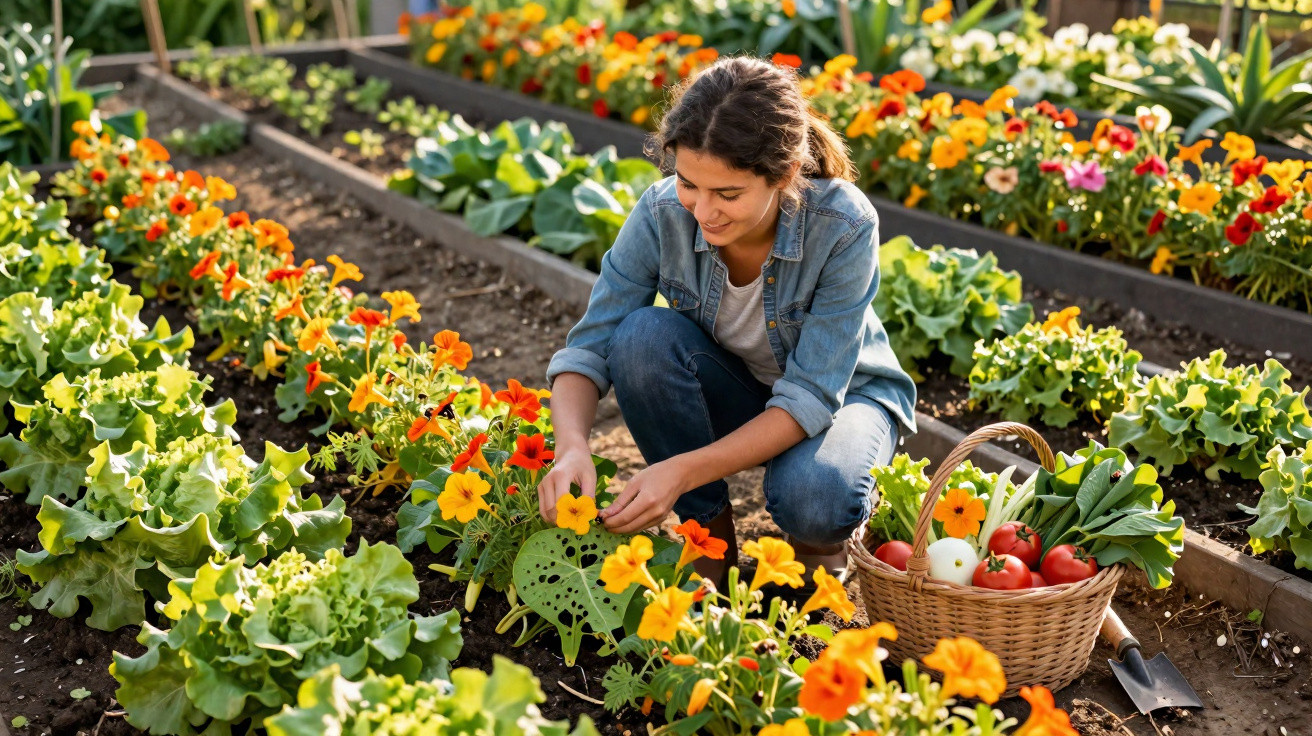 Mulher a colher flores e legumes numa horta com cesta de vegetais ao lado.