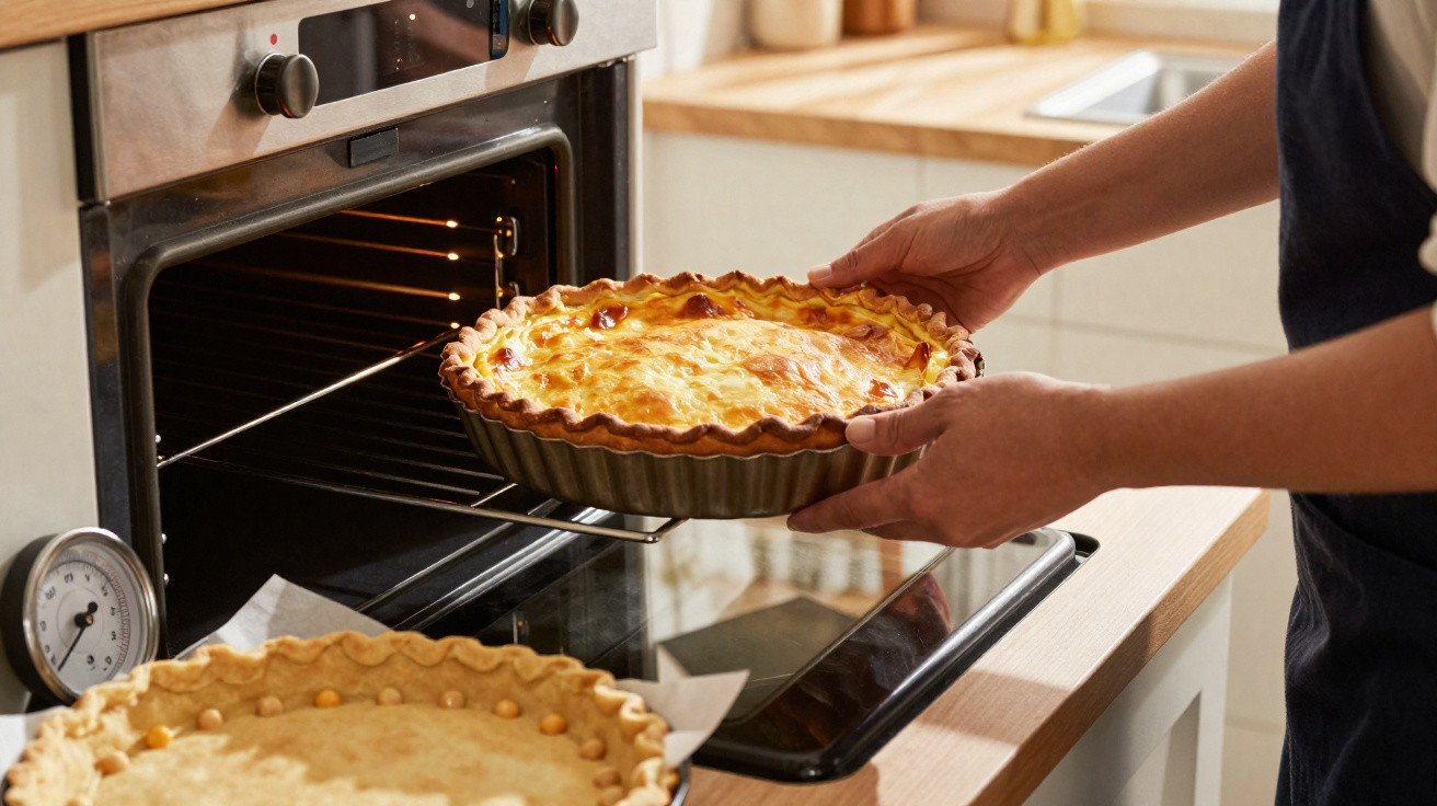 Pessoa a retirar tarte assada do forno numa cozinha moderna, com outra tarte crua na bancada.