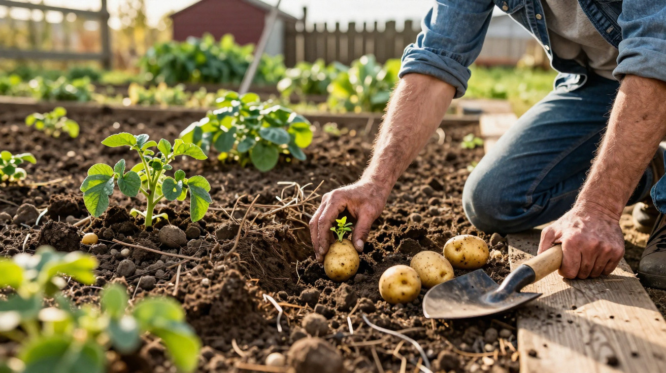 Pessoa a colher batatas numa horta com terra solta, ao lado de uma pequena enxada.