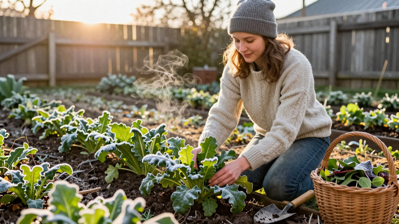 Mulher de suéter e gorro a colher folhas verdes numa horta de manhã fria com vapor no ar.