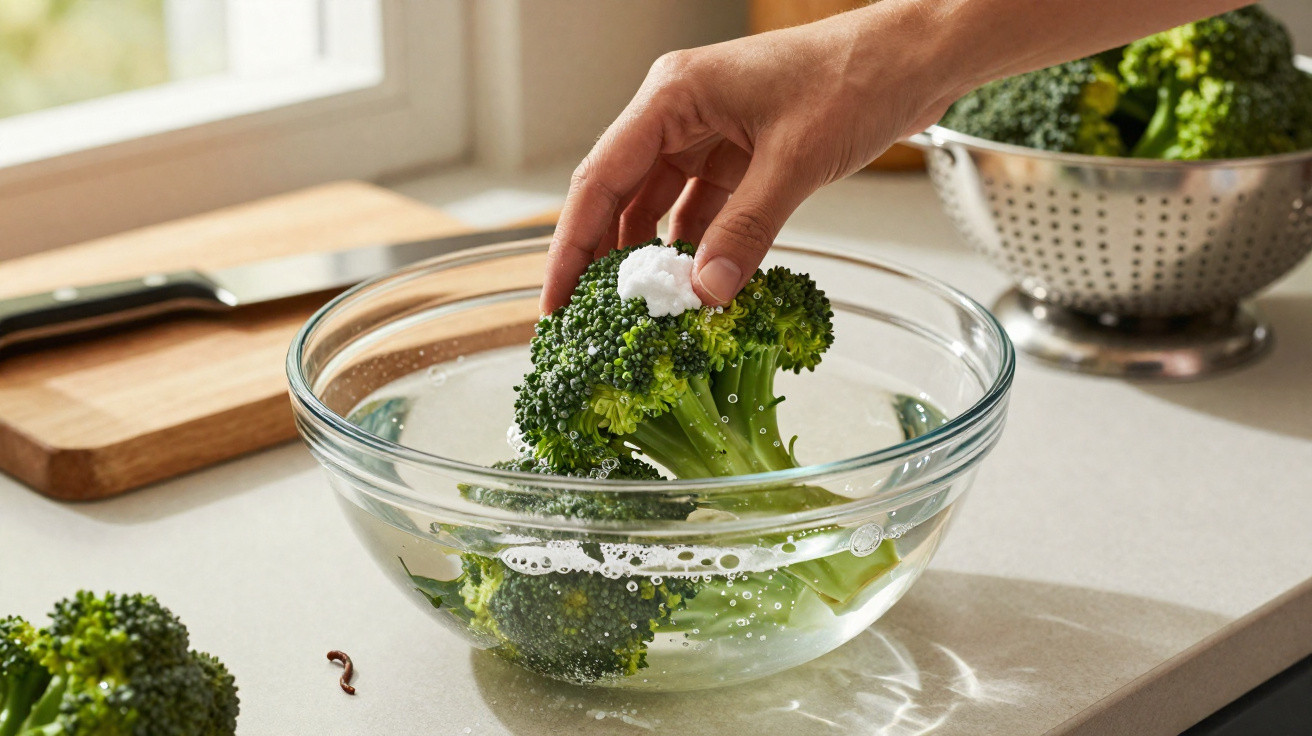 Mão a mergulhar brócolos num recipiente de vidro com água e sal na cozinha.