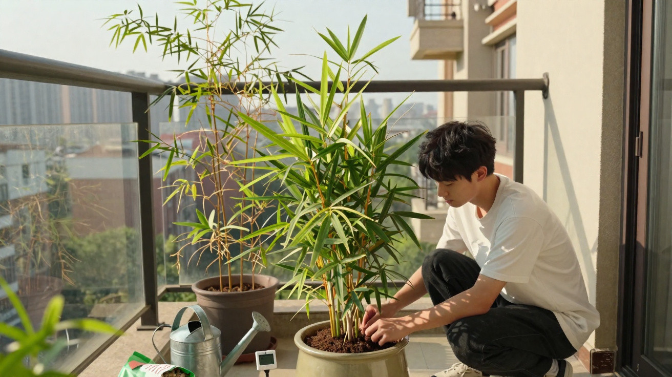 Homem a cuidar de planta em vaso numa varanda com luz natural ao amanhecer.