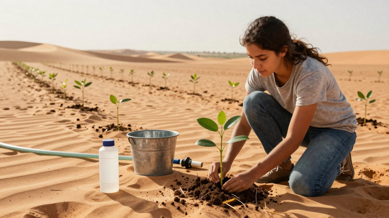 Jovem a plantar árvore numa área desértica com várias plantas jovens ao fundo.