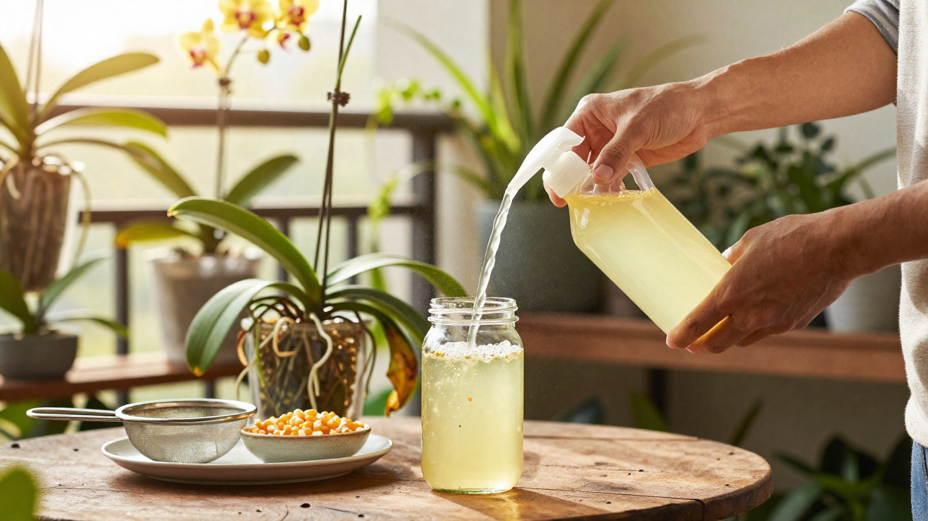 Pessoa a verter líquido amarelo de garrafa para frasco num ambiente com plantas ao fundo.