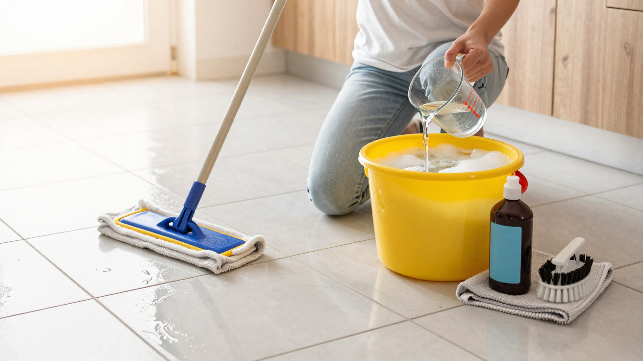 Pessoa a despejar água num balde amarelo com esfregona, detergente e escova para limpar chão de casa.