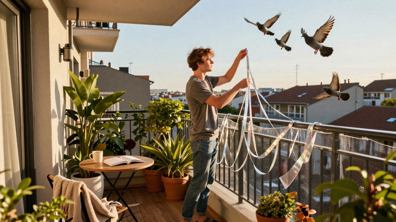 Homem na varanda de apartamento a alimentar pombos com tiras de fita reflechora ao pôr do sol.