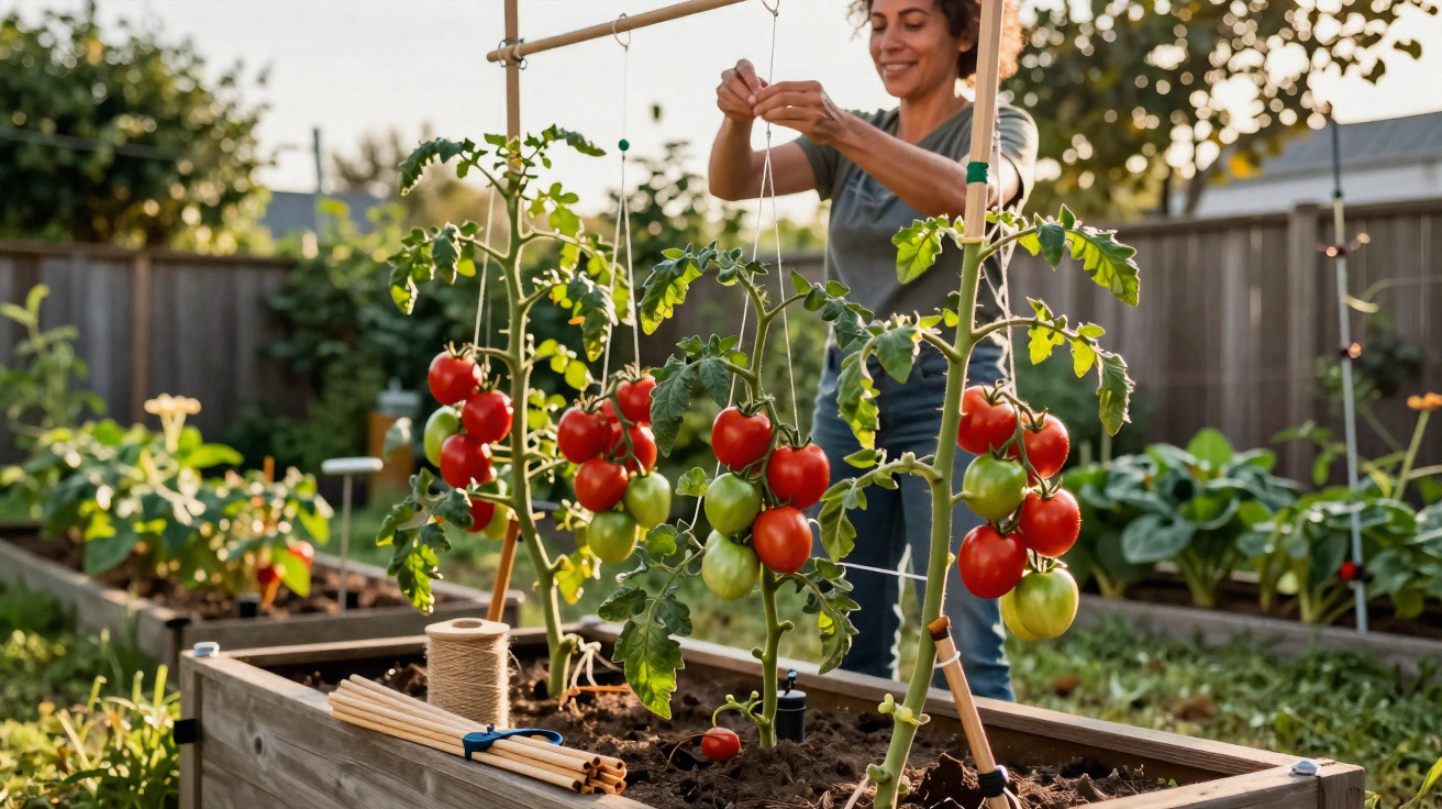 Mulher a cuidar de plantas de tomateiros com frutos verdes e vermelhos numa horta urbana.