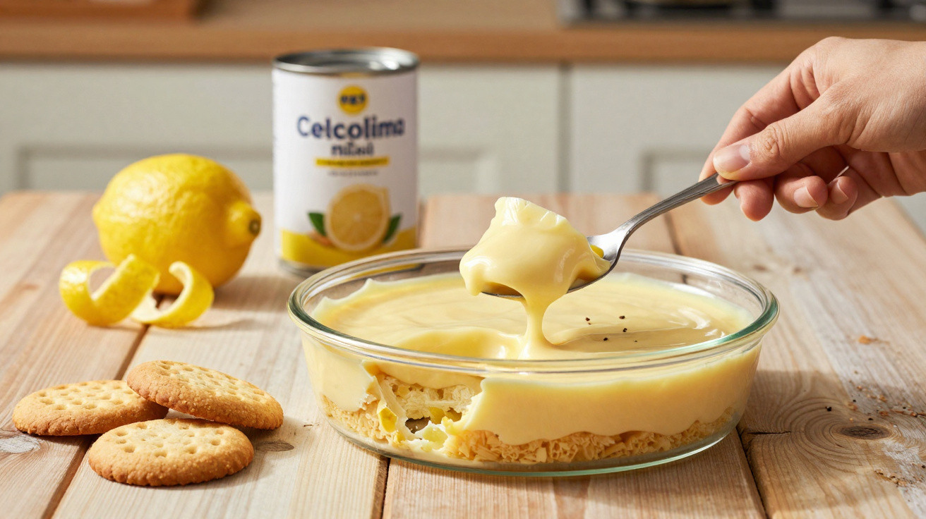 Creme de limão servido numa taça de vidro com bolachas e limão à parte sobre mesa de madeira.