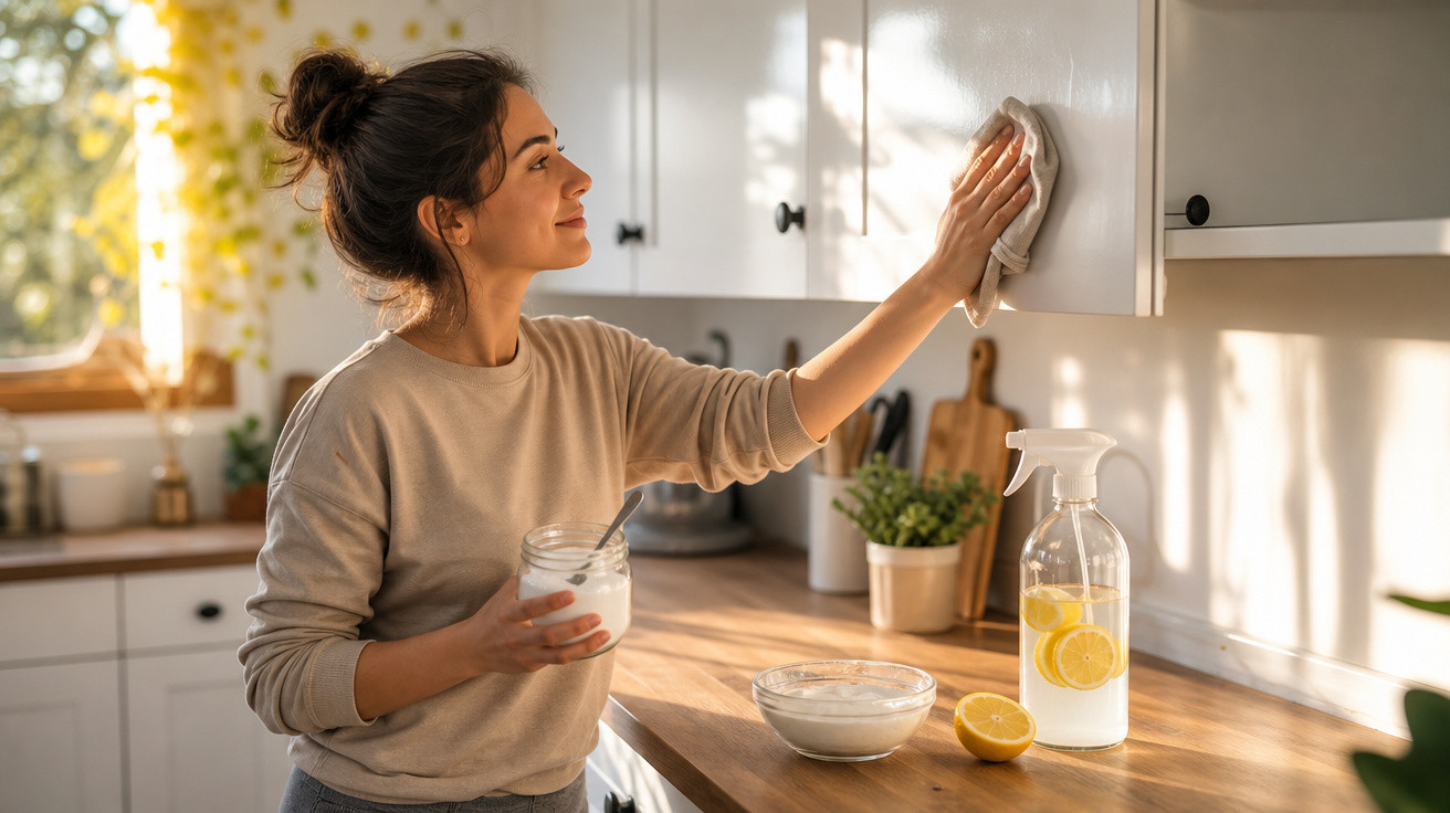 Mulher sorridente a limpar um armário de cozinha com pano, com produtos de limpeza naturais à frente.
