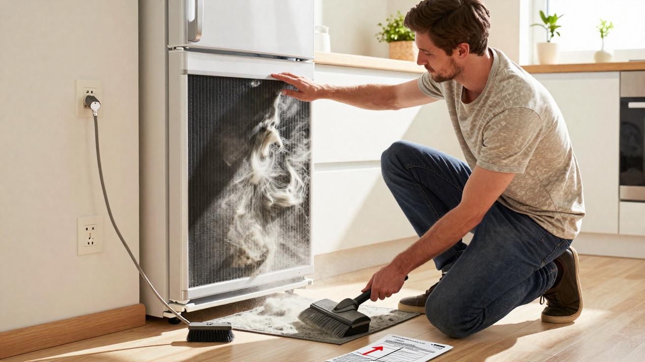 Homem a limpar o acumulador de pó de um aspirador próximo a uma cozinha moderna iluminada.
