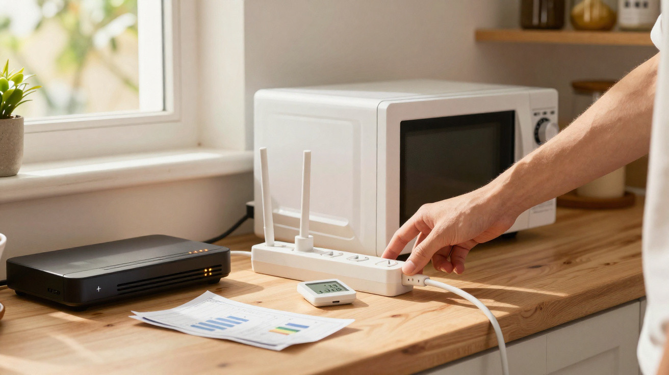 Pessoa ligando aparelho a régua de tomadas numa cozinha com micro-ondas, router e documentos na bancada.