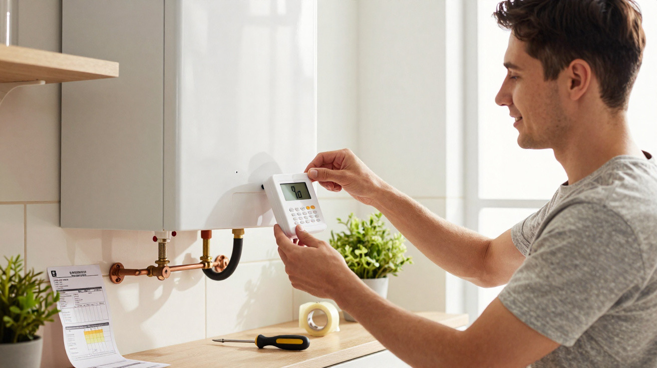 Homem ajusta termóstato digital de aquecimento doméstico numa cozinha luminosa.