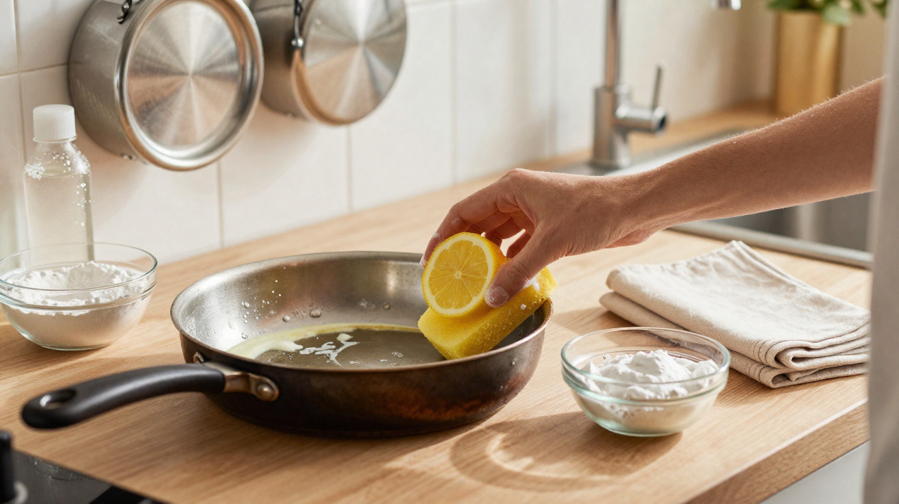 Pessoa a limpar uma frigideira com uma esponja e meio limão numa cozinha moderna.