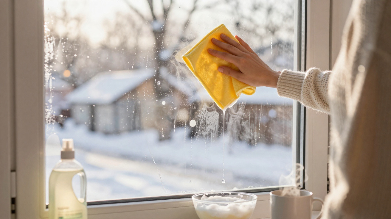 Pessoa a limpar uma janela com um pano amarelo num dia de neve, com chá a vapor na mesa junto à janela.