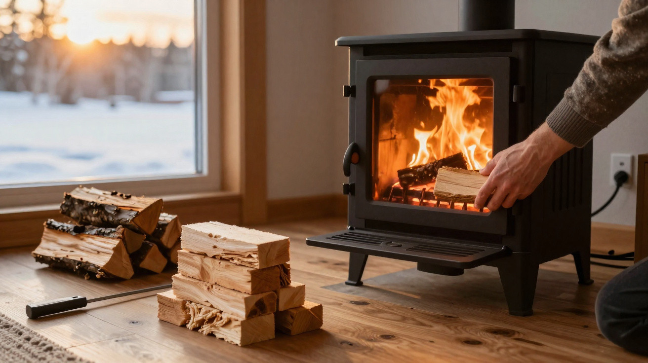 Pessoa a colocar lenha numa salamandra com fogo, interior com chão de madeira e janela para paisagem nevada.