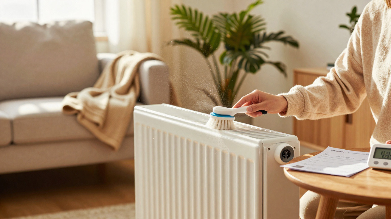 Pessoa a limpar um radiador branco com uma escova numa sala acolhedora com sofá e plantas.