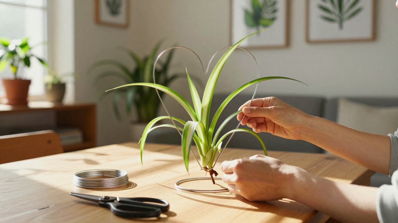 Mãos ajustando planta com suporte de arame em mesa de madeira com tesoura e enrolador ao lado.