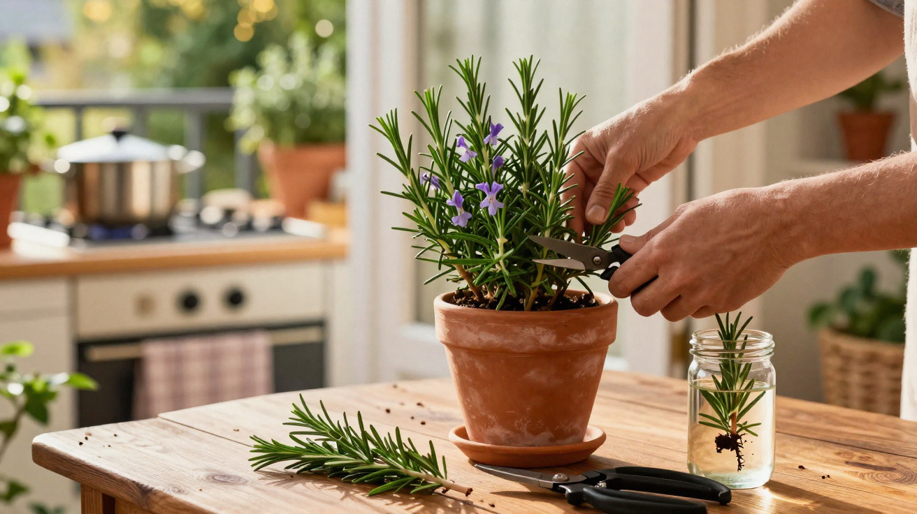 Pessoa a podar planta aromática em vaso de barro na cozinha com tesoura pequena.