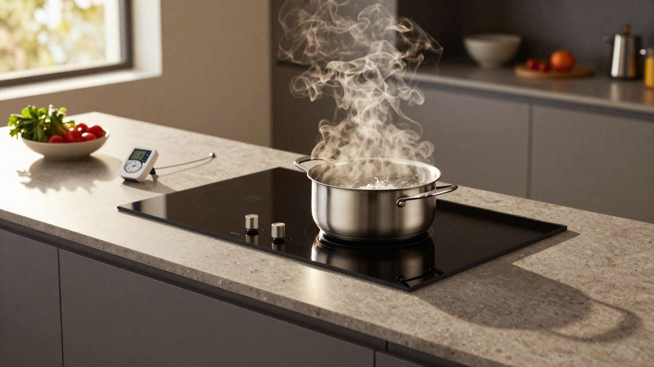 Panela a ferver com vapor numa placa de indução numa cozinha moderna com bancada cinzenta.