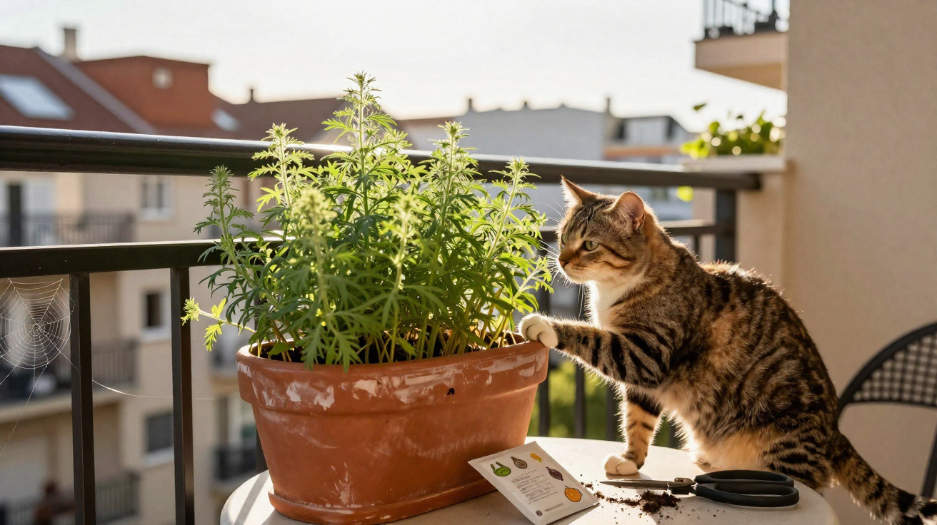 Gato cinzento com pata na planta num vaso no balcão, com tesoura e guia de plantas numa mesa redonda.