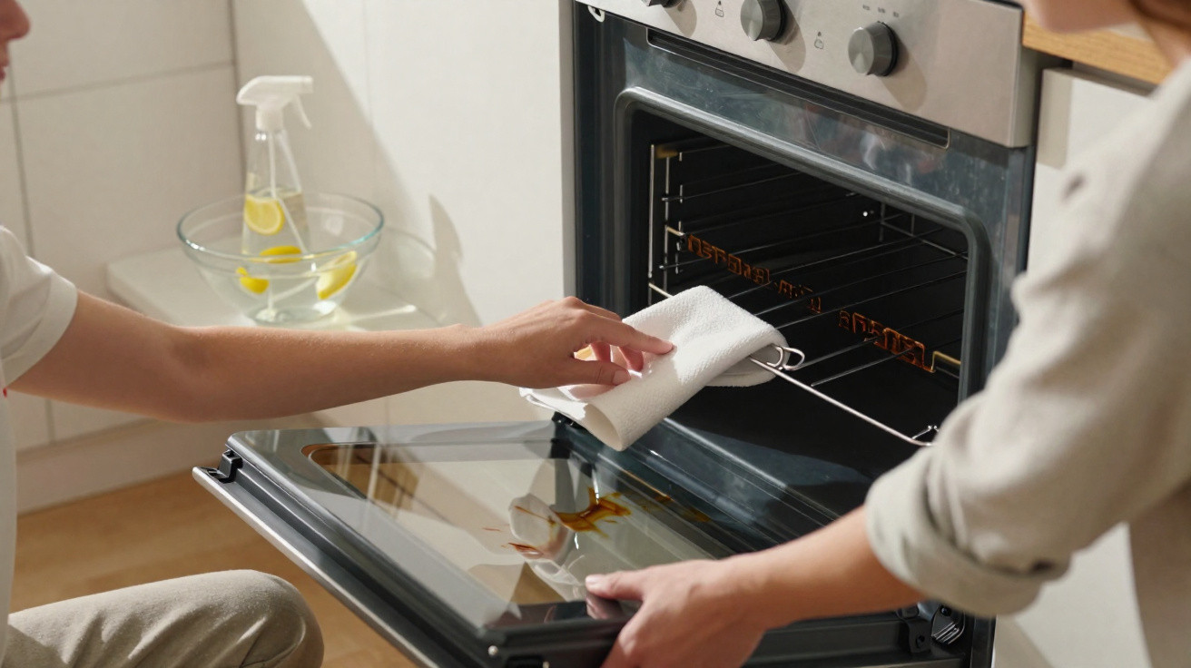 Duas pessoas a limpar o interior de um forno aberto com pano branco numa cozinha luminosa.