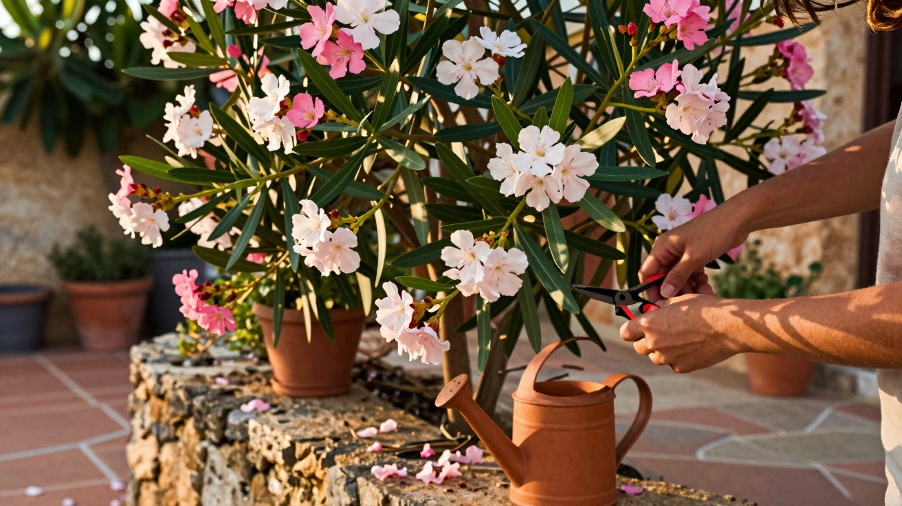 Pessoa a podar flores cor-de-rosa e brancas numa planta em vaso num jardim ensolarado.