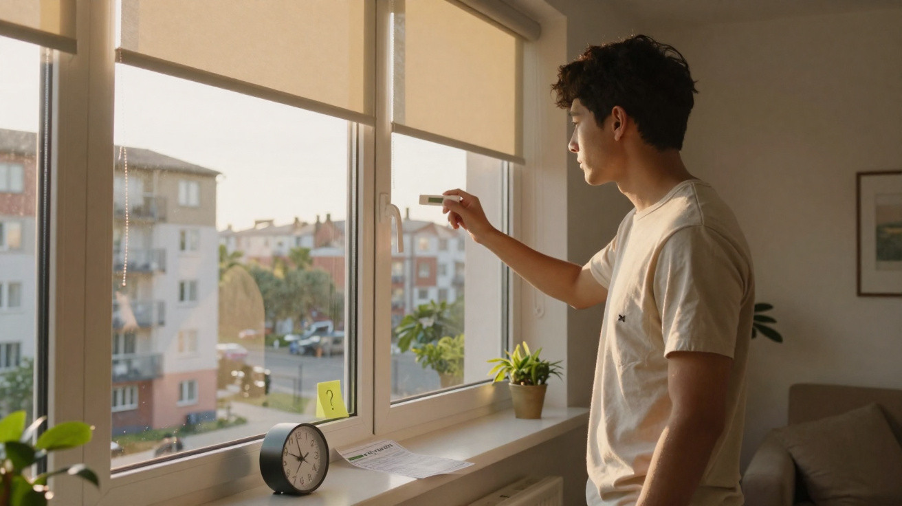 Jovem a fazer teste de antigénio junto de janela com plantas, relógio e papel numa sala clara.