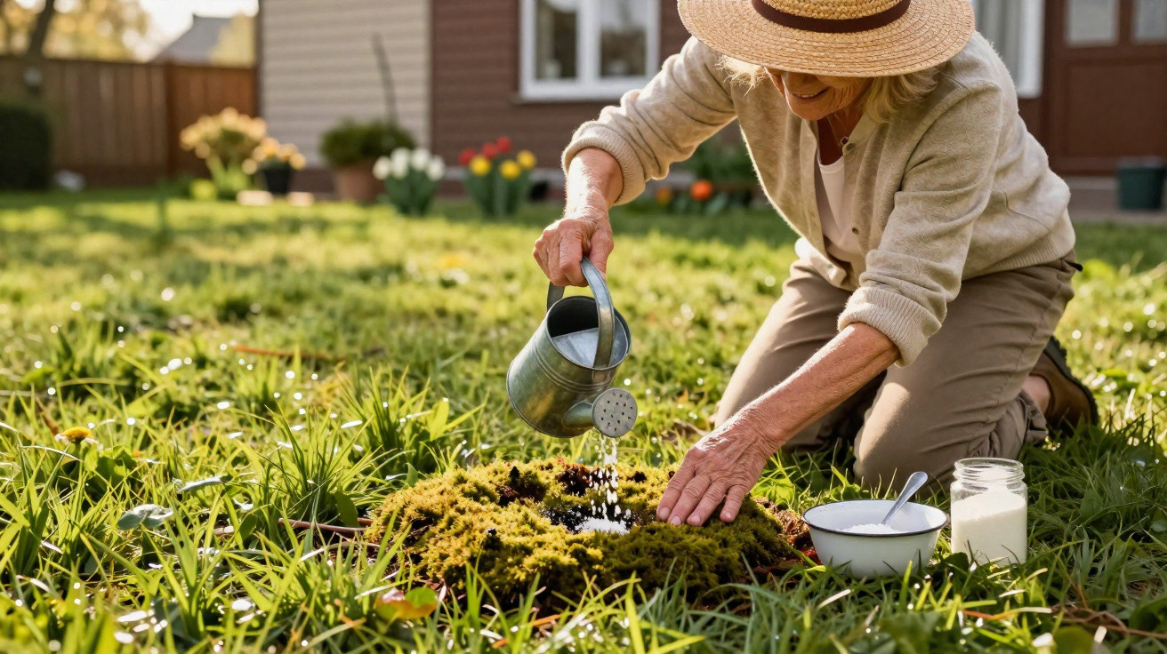 Pessoa idosa a regar plantas num jardim com regador metálico e chapéu de palha.