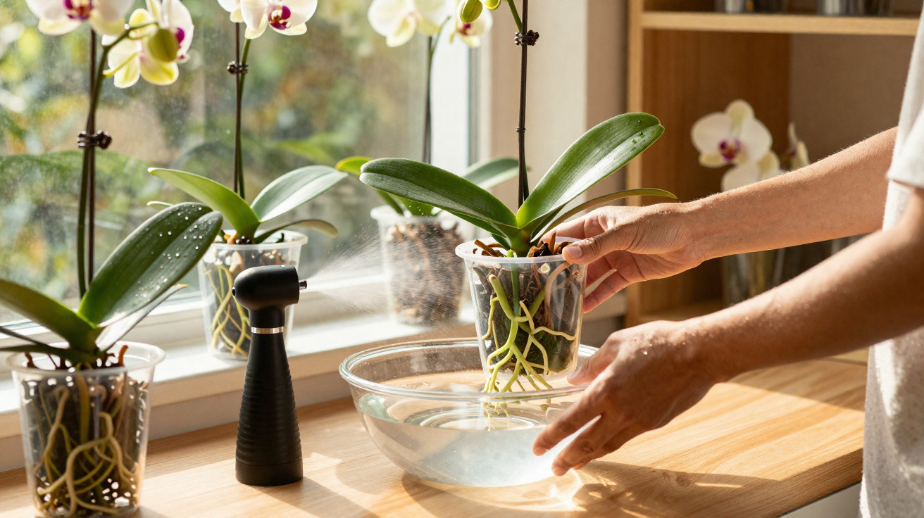 Pessoa a regar orquídea em vaso transparente junto a janela com borrifador preto.