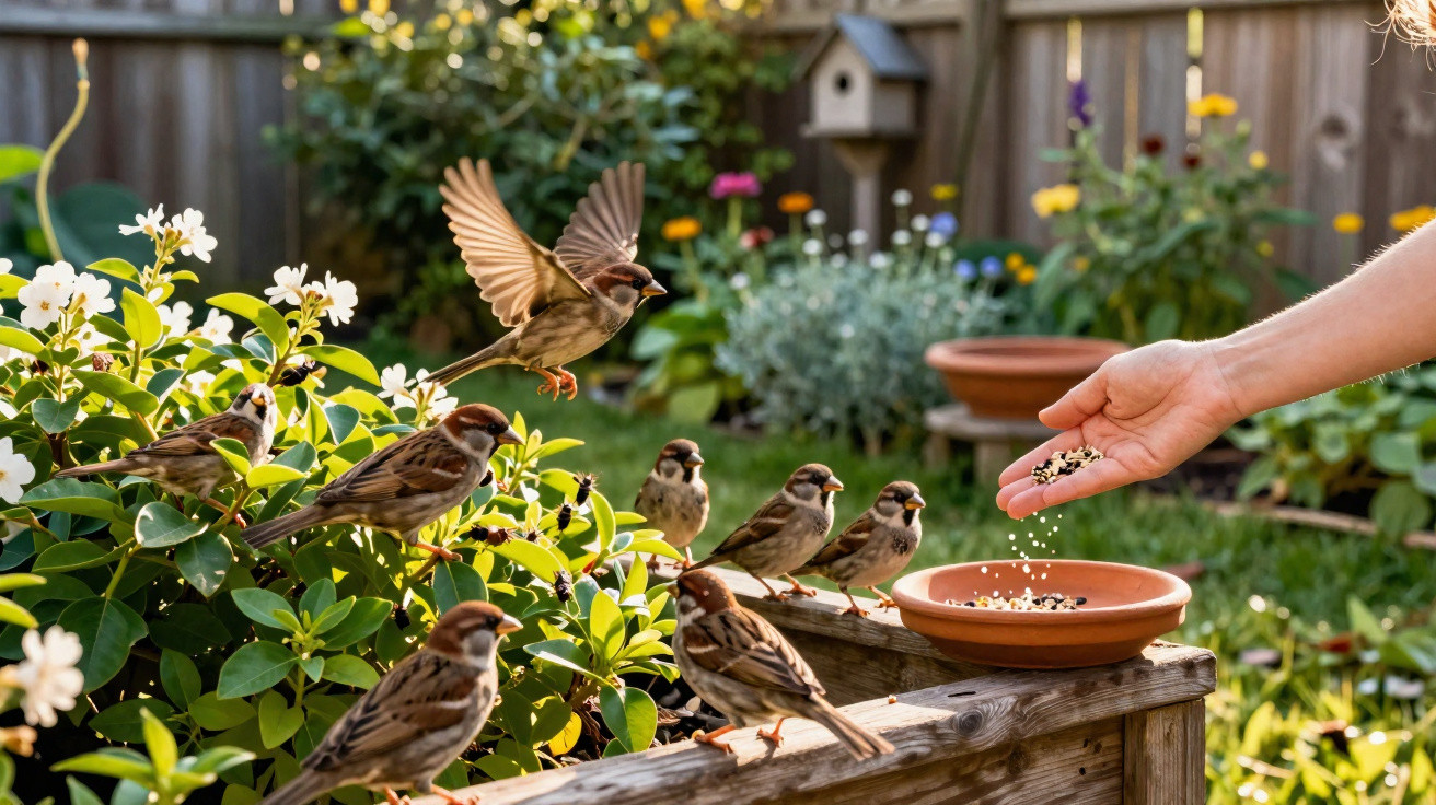 Mão humana a alimentar pardais com sementes num jardim com flores e plantas, sob luz solar.