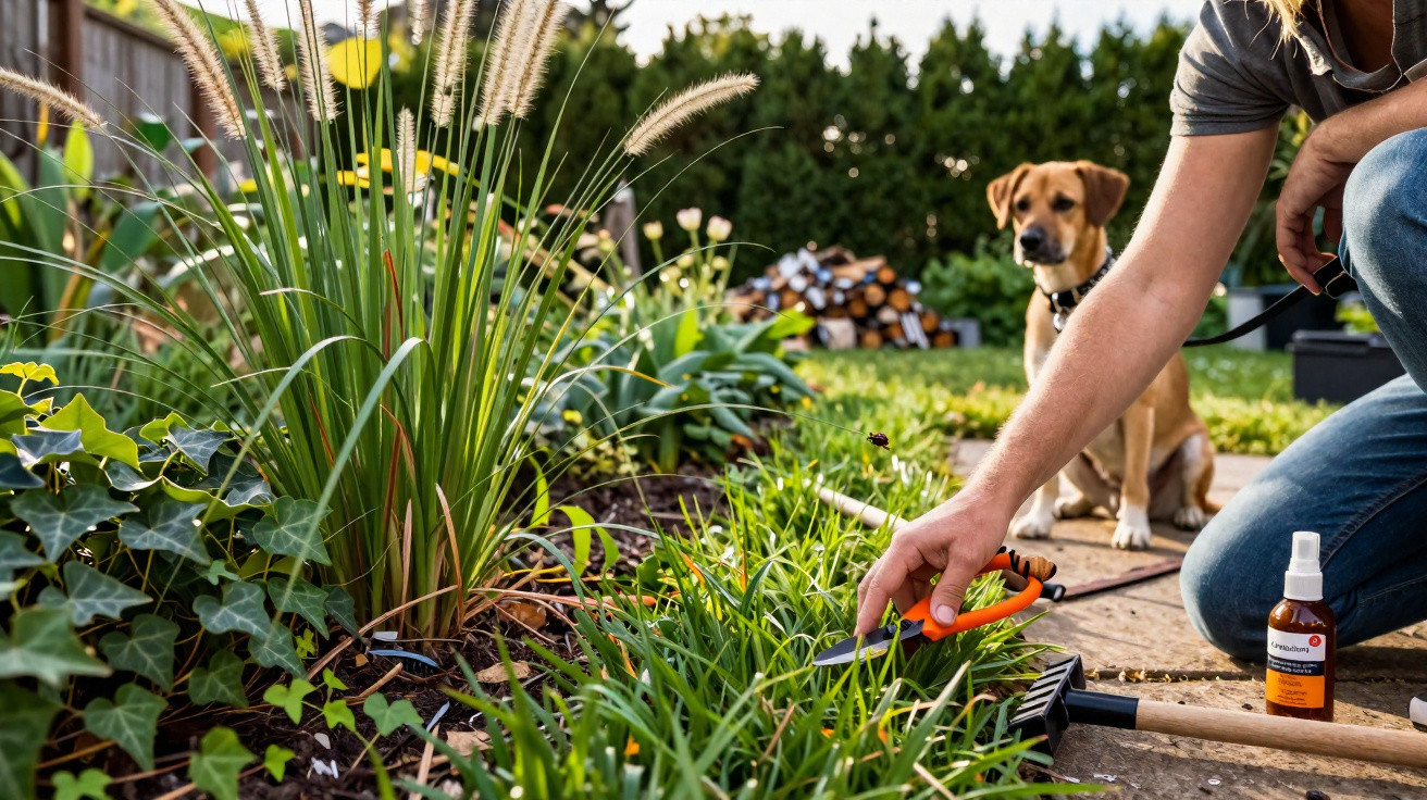 Pessoa a podar plantas num jardim com cão sentado ao fundo e ferramentas no chão.