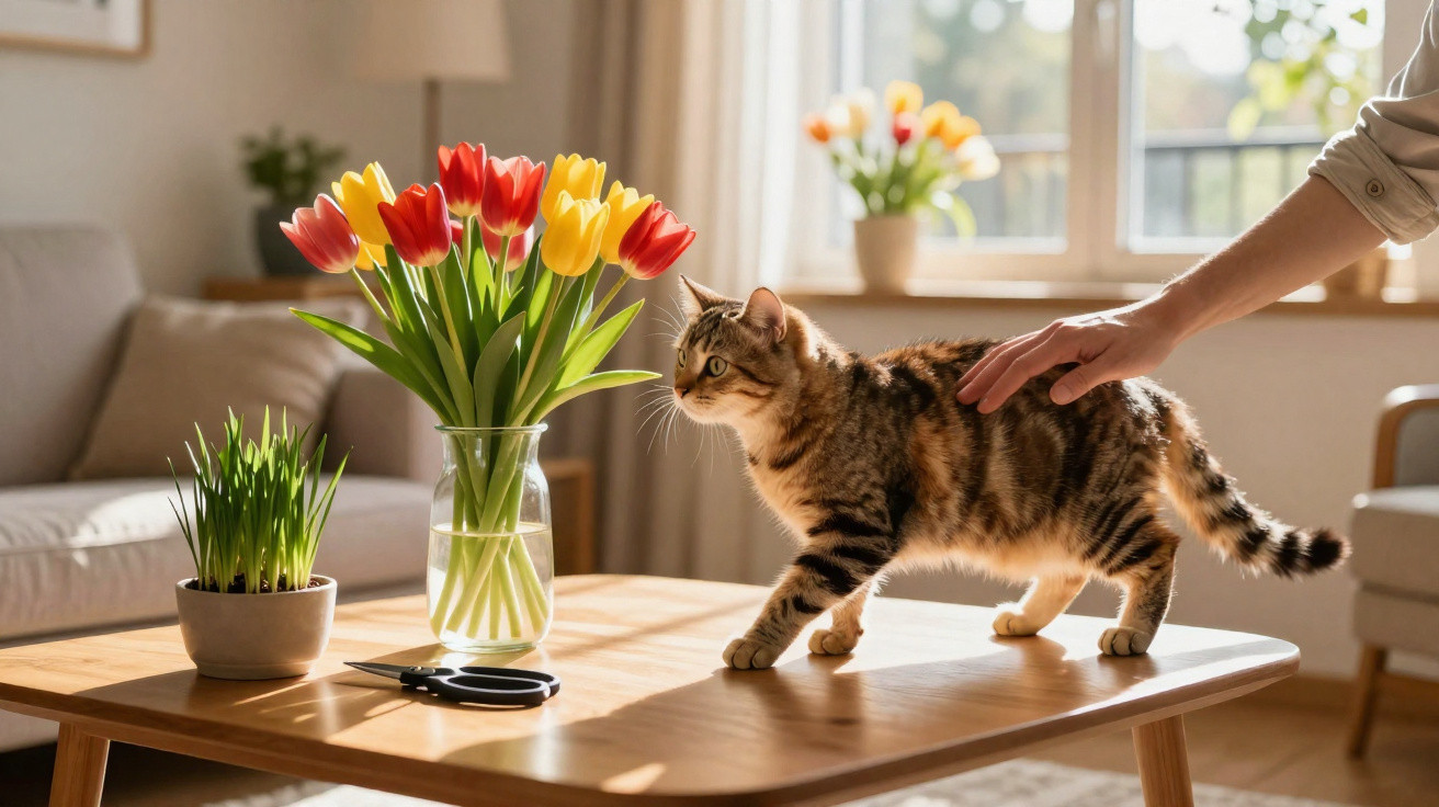 Gato malhado a andar numa mesa de madeira com vaso de tulipas e planta, mão a fazer carinho.