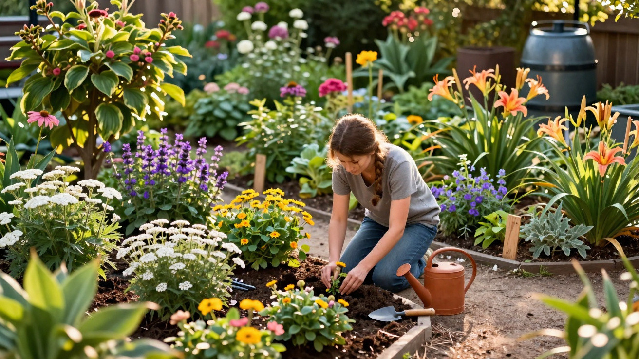 Jovem a plantar flores num jardim florido com diversas plantas e regador ao lado, em dia ensolarado.