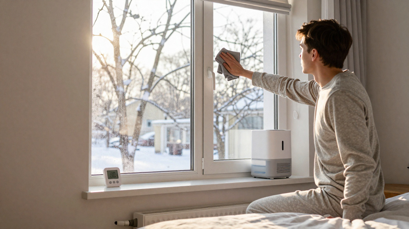 Homem sentado na cama a limpar o vidro da janela, com paisagem de inverno visível ao fundo.