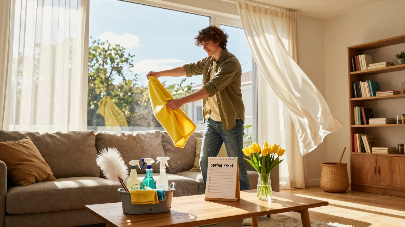 Jovem a limpar sala de estar luminosa com sofá, flores amarelas e produtos de limpeza sobre mesa de madeira.