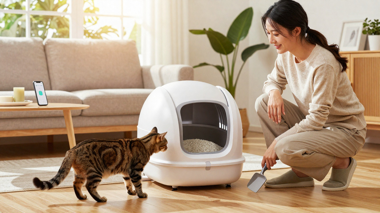 Mulher agachada ao lado de gato e caixote sanitário branco para gatos numa sala iluminada.
