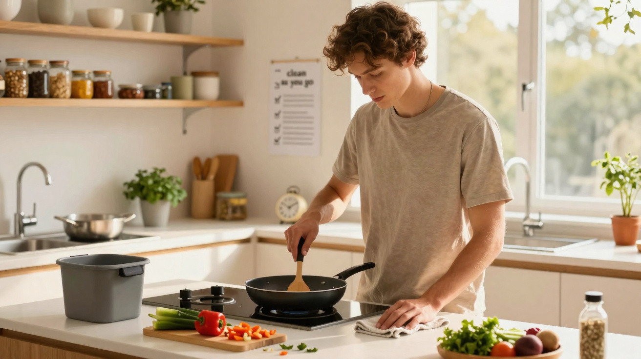Jovem a cozinhar numa cozinha luminosa, mexendo comida numa frigideira com legumes frescos ao lado.