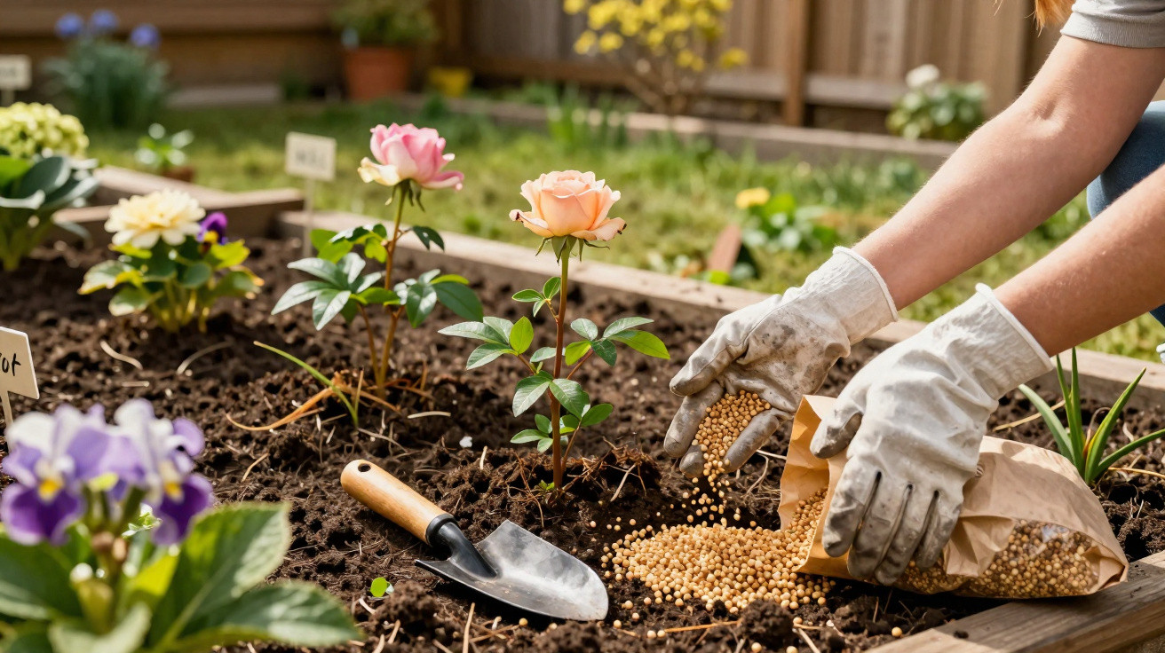 Pessoa com luvas a espalhar fertilizante granular em canteiro de flores num jardim.