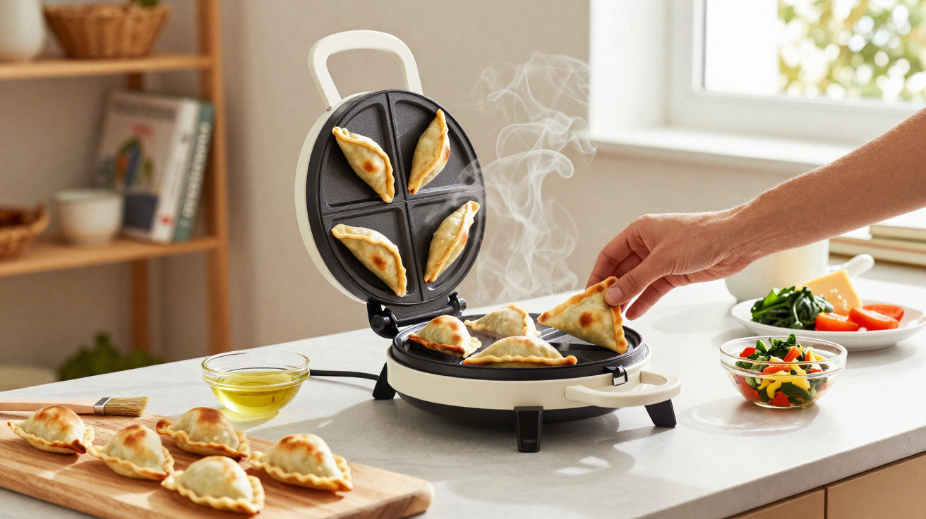 Máquina a cozinhar pastéis dourados e fumegantes numa cozinha luminosa com ingredientes ao lado.