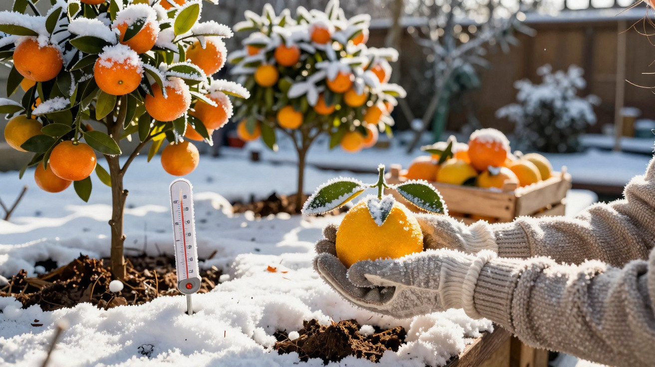 Laranjeiras com frutos cobertos de neve, termómetro marcado em temperatura fria e mãos de luvas a segurar uma laranja.