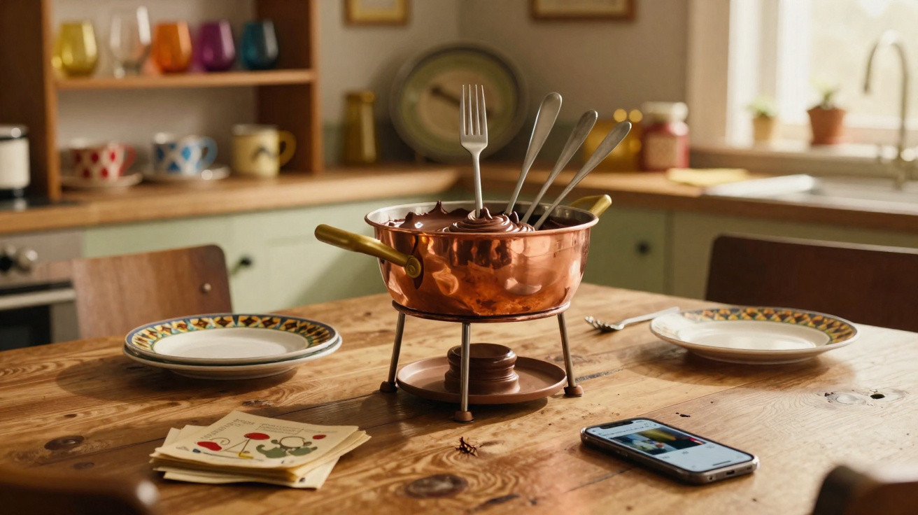 Taça de fondue com chocolate e garfos, rodeada por pratos e telemóvel, numa mesa de cozinha de madeira.