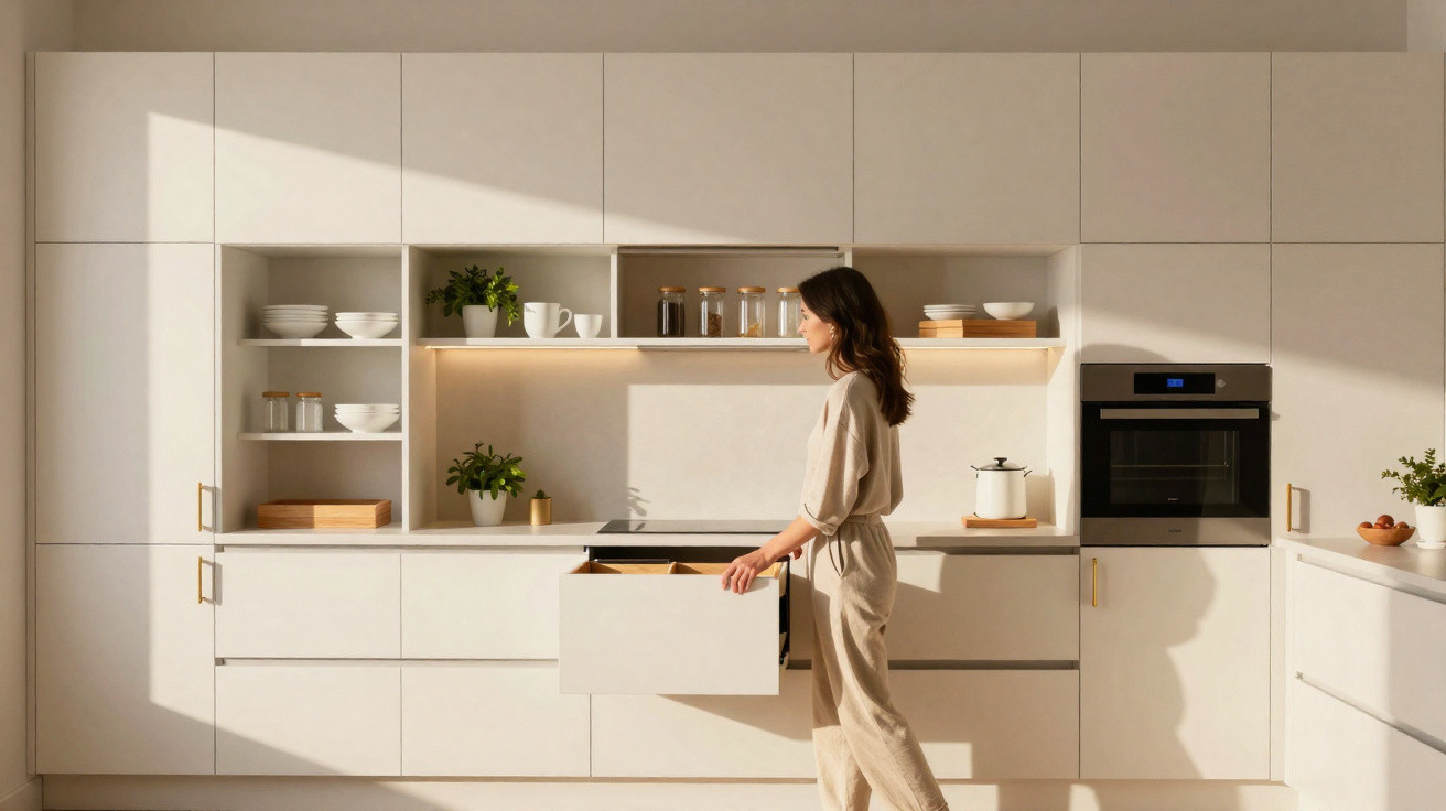 Mulher abre gaveta numa cozinha moderna branca com luz natural e plantas decorativas.