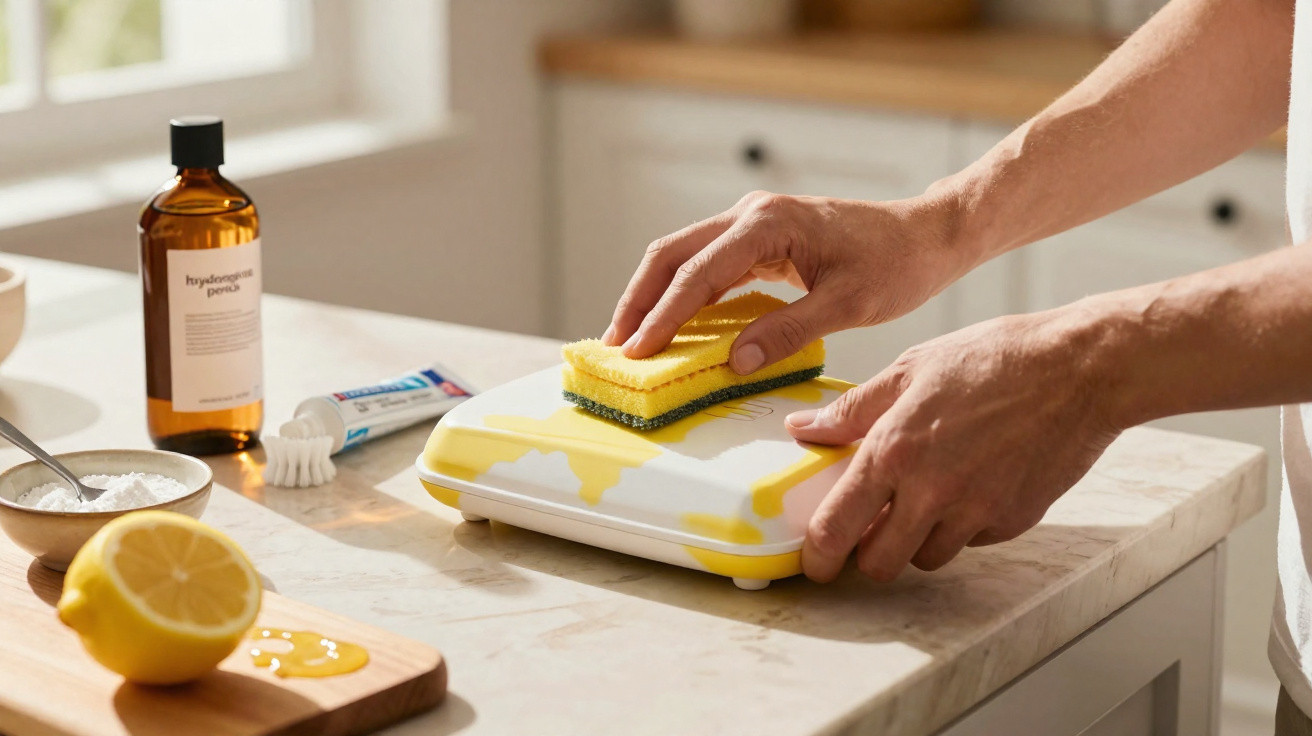 Mãos a limpar uma caixa branca e amarela com uma esponja numa bancada de cozinha com diversos itens.
