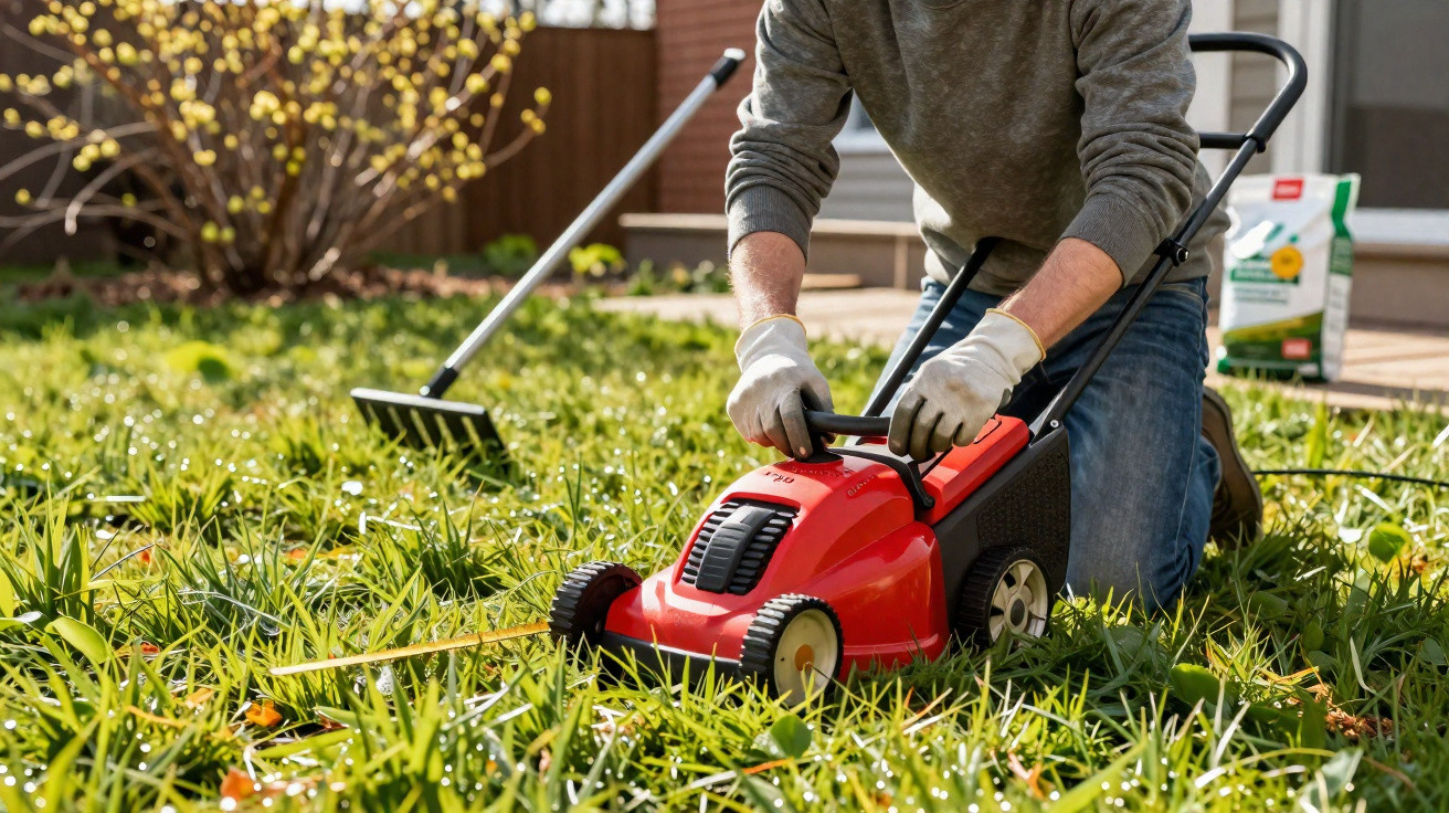 Pessoa a usar uma máquina de cortar relva vermelha num jardim com relva e ferramenta de jardinagem ao fundo.