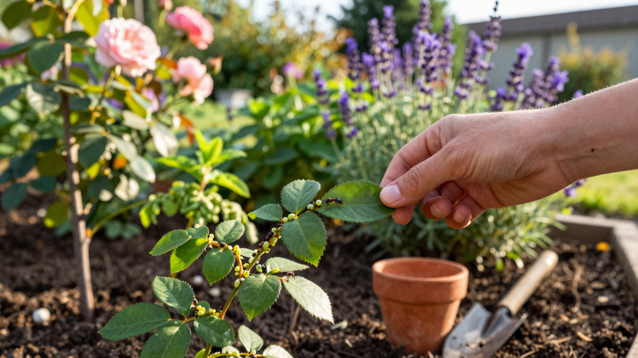 Mão a inspecionar folhas de roseira com pequenos insetos amarelos num jardim com flores e ferramentas.