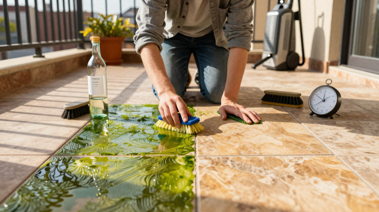 Pessoa a limpar um chão de azulejos com escova e produto de limpeza num terraço ensolarado.