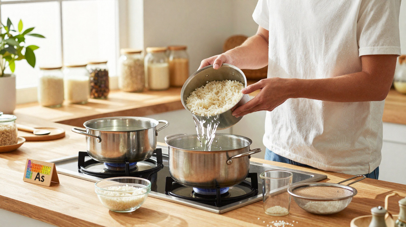 Pessoa a colocar arroz numa panela no fogão numa cozinha com bancadas de madeira e potes de ingredientes.
