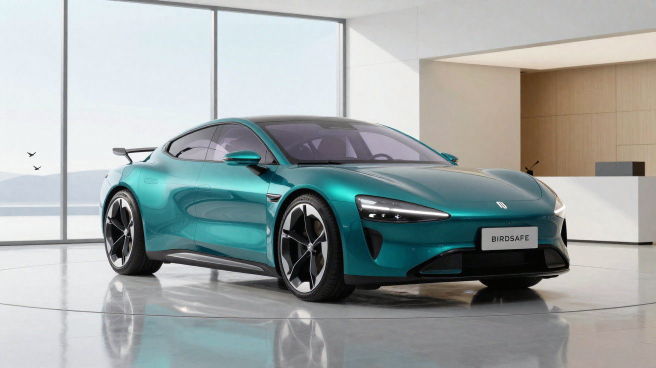 Carro desportivo elétrico verde num salão moderno com janelas grandes e chão espelhado.