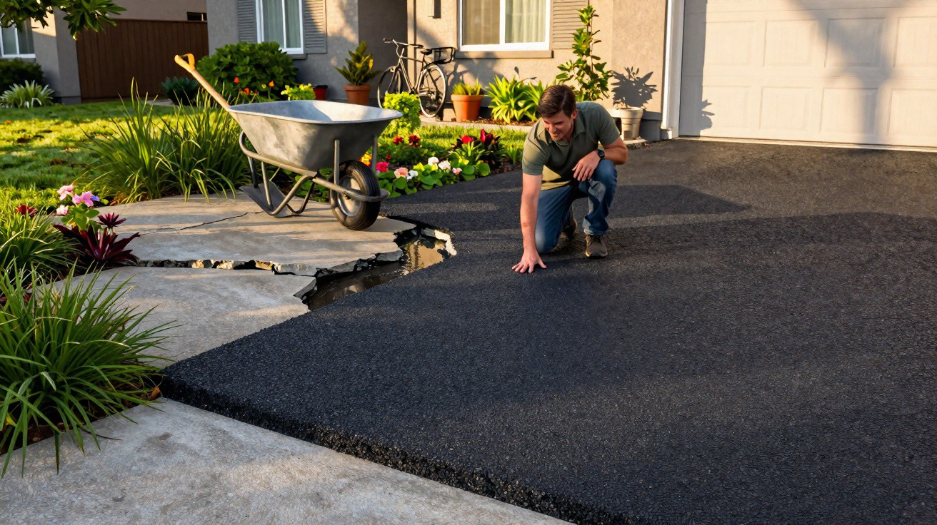 Homem verifica pavimento novo de alcatrão junto a calçada danificada em entrada de garagem residencial.